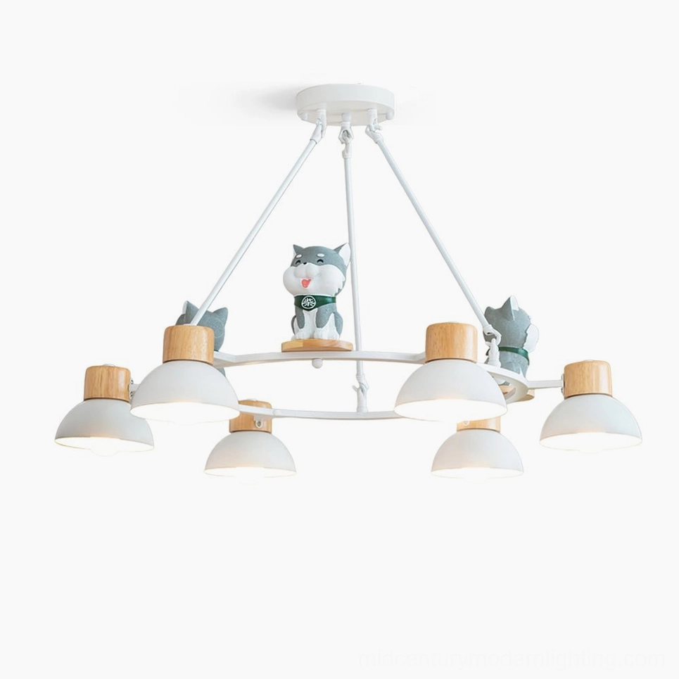 Shiba Inu pendant chandelier with 6 heads, white and natural wood finish, overhead studio view on minimalist background