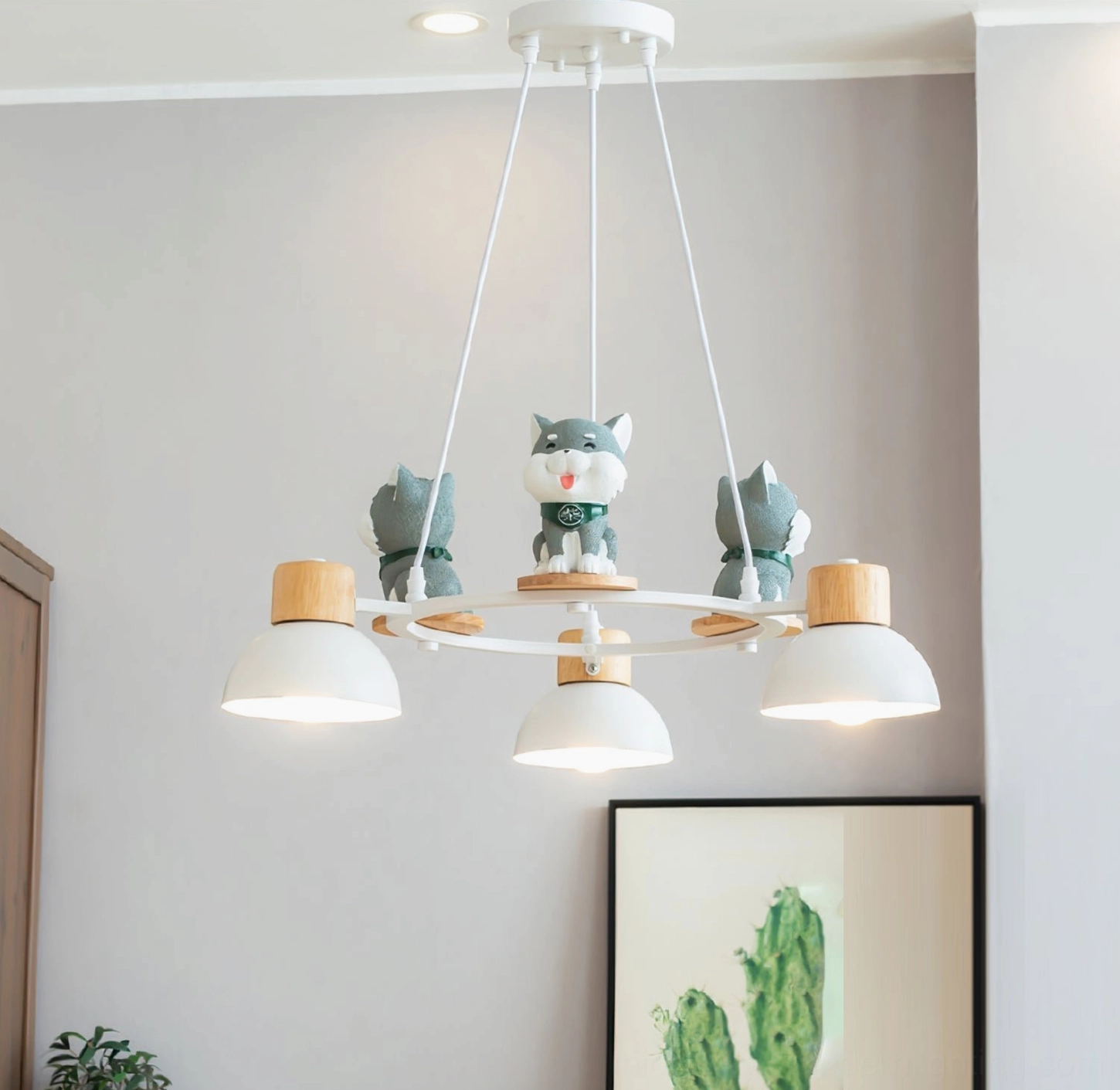 Shiba Inu pendant chandelier installation showing suspension wire and ceiling mounting configuration