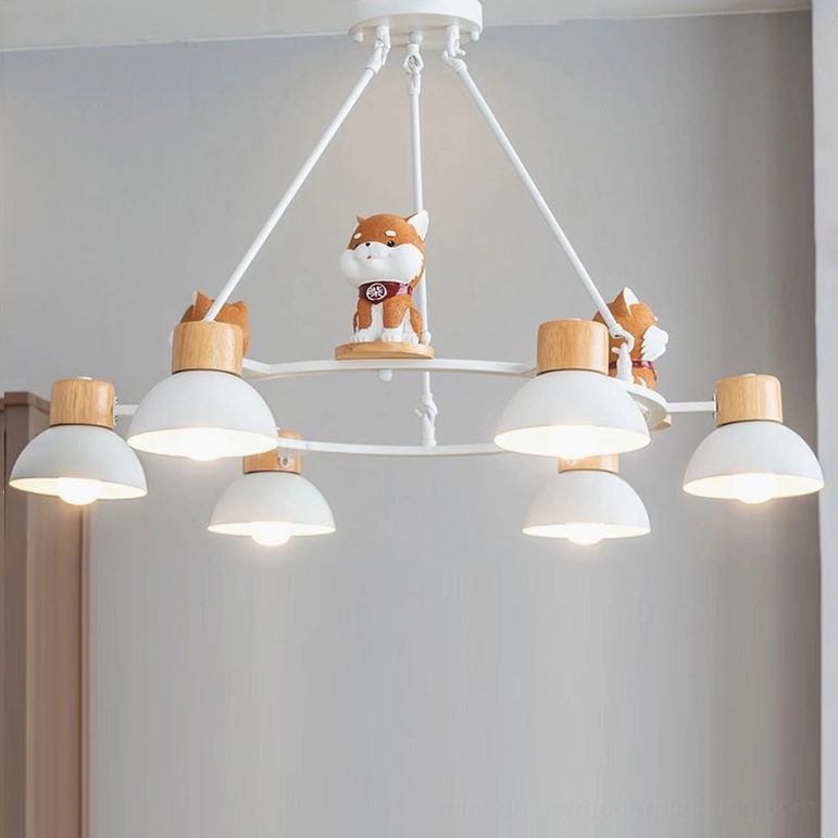 Shiba Inu pendant chandelier Model A variant, 6-head configuration with natural wood and metal construction