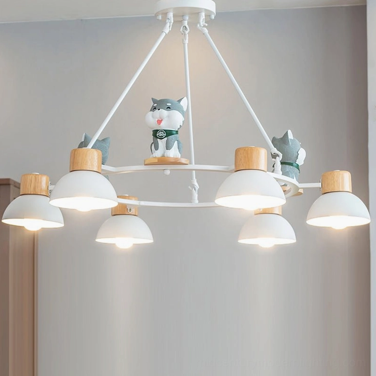 Shiba Inu pendant chandelier Model B variant, 6-head size with white frame and grey figurine accents