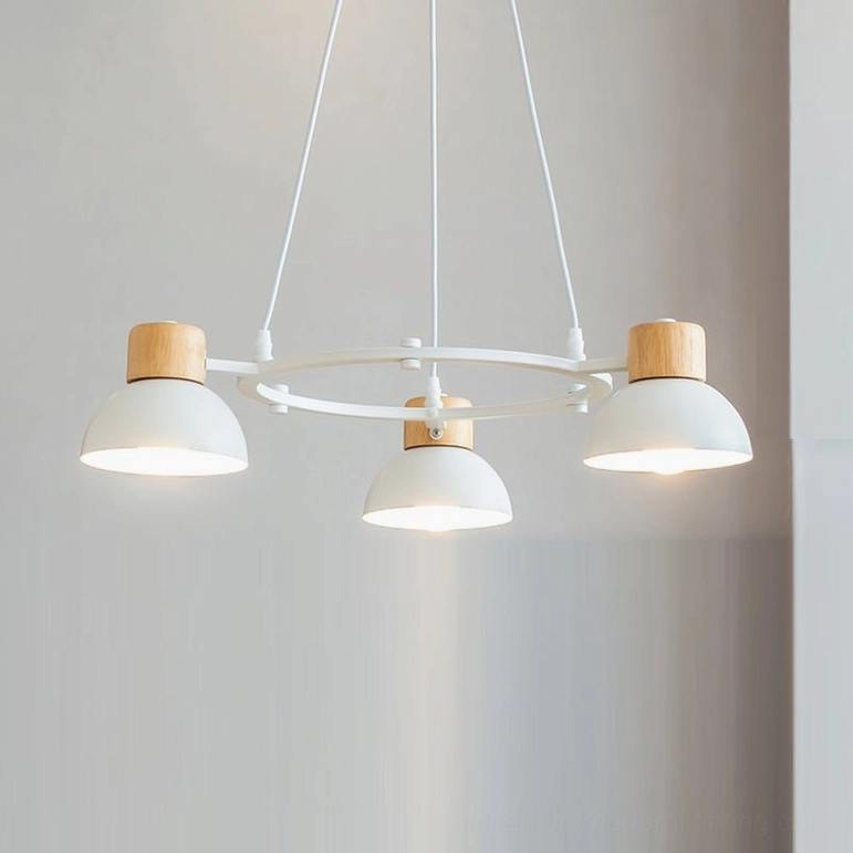 Shiba Inu pendant chandelier Model C variant, white and wood finish in modern home setting
