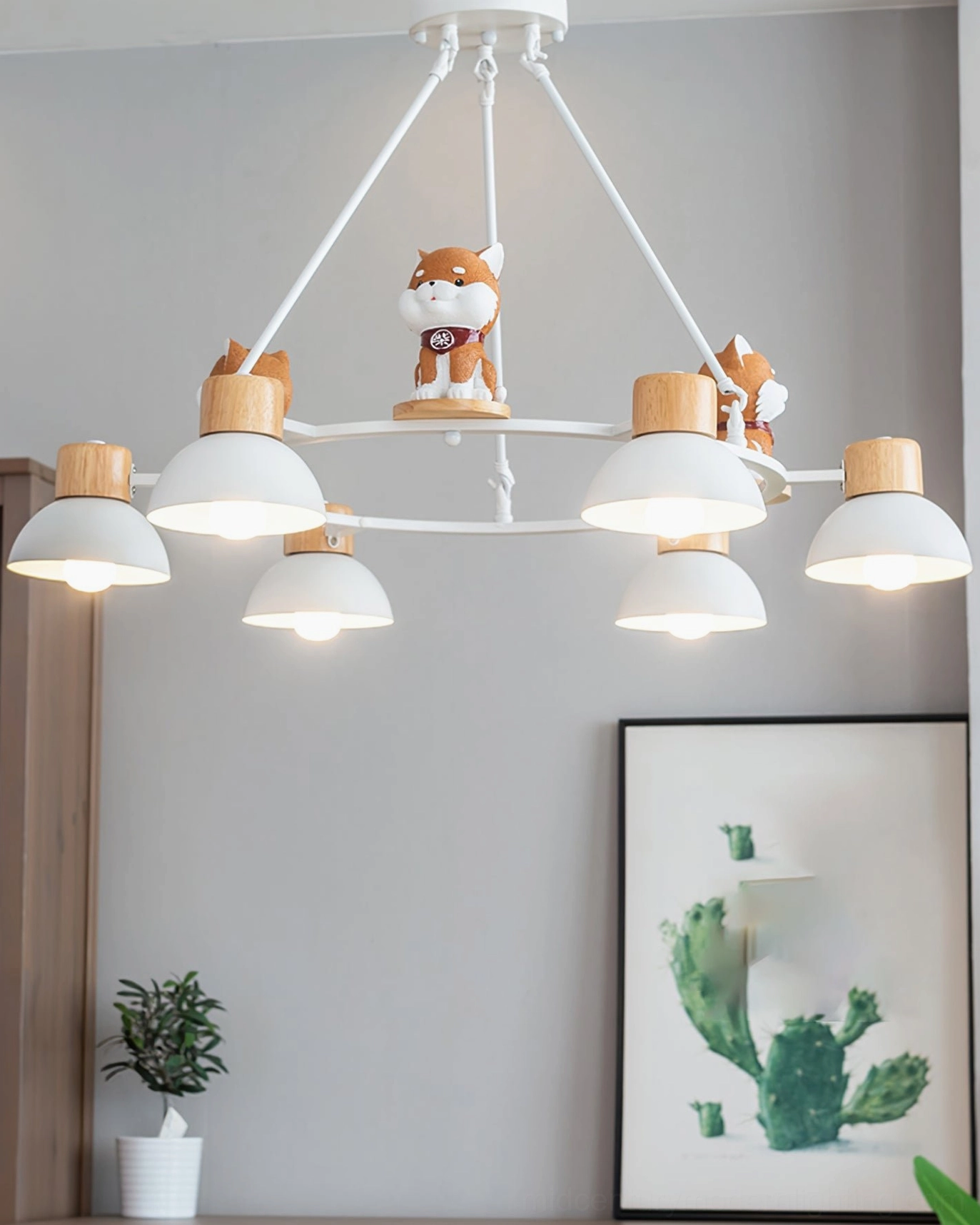 Shiba Inu pendant chandelier with wood accent elements and neutral color palette in Scandinavian interior