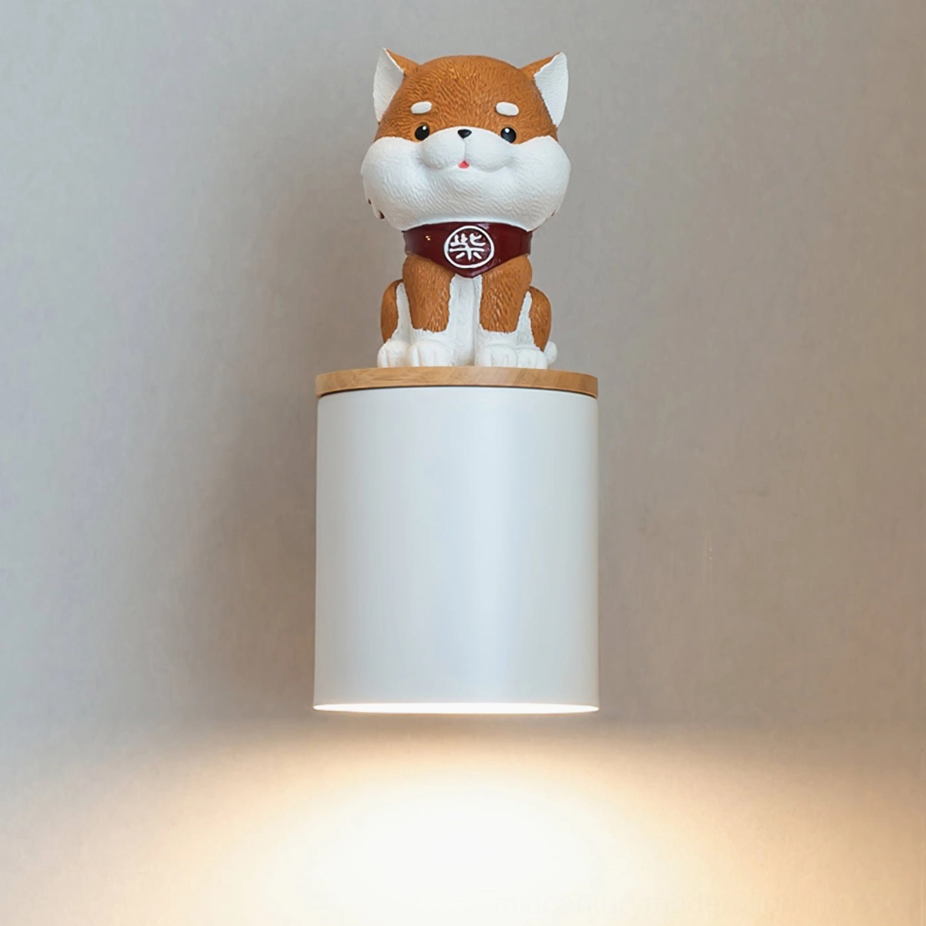 Shiba Inu wall lamp detail shot showing resin figurine craftsmanship and metal hardware construction