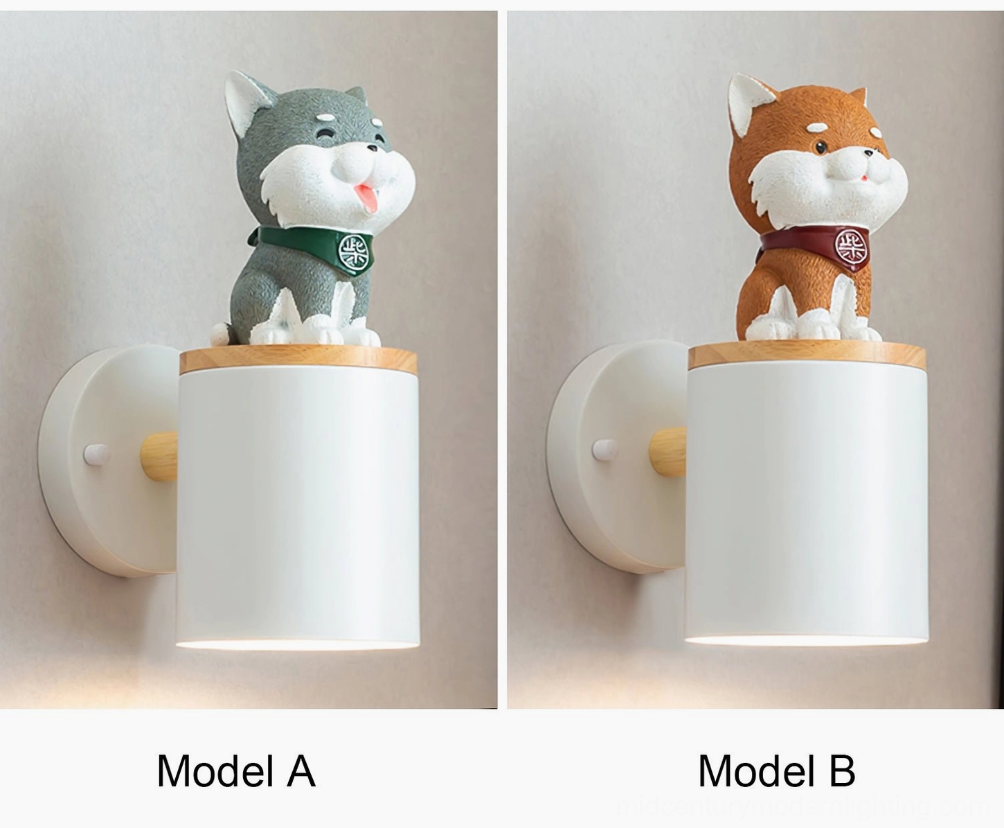 Shiba Inu wall lamp color comparison between warm brown and cool grey model variations