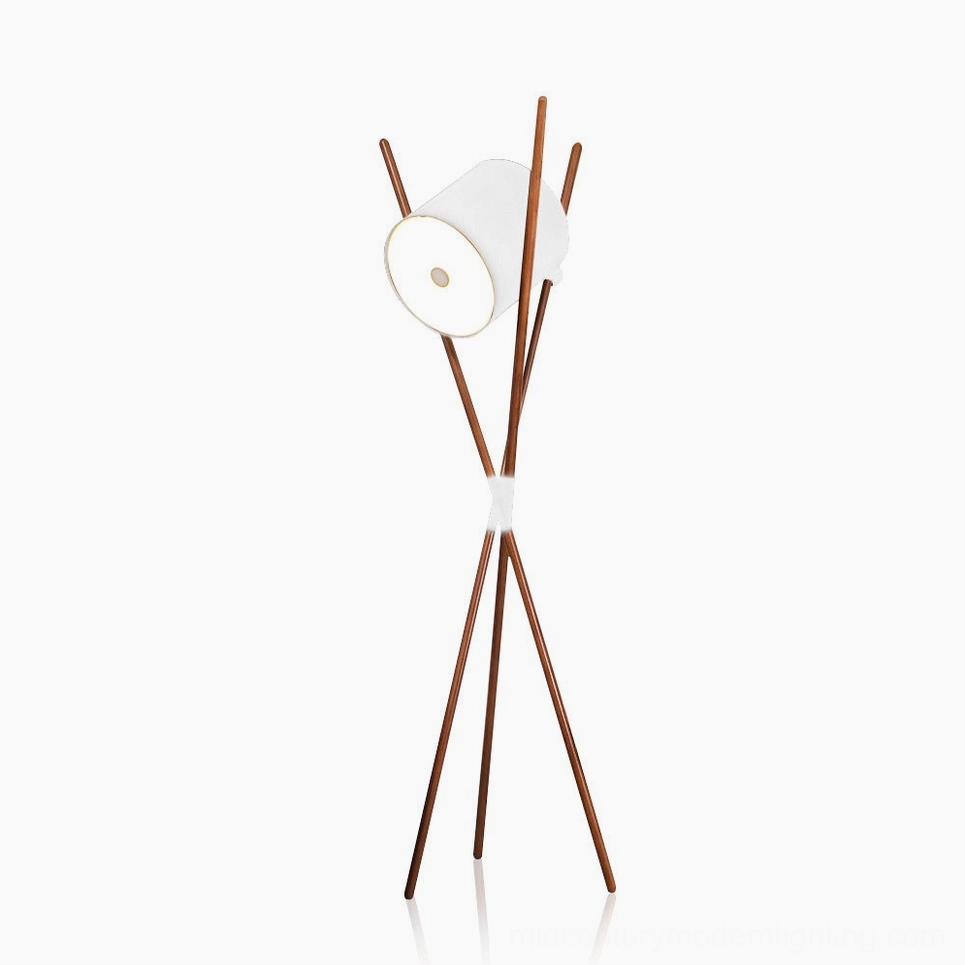 Shift floor lamp in white and walnut color variant - mid-century modern tripod design