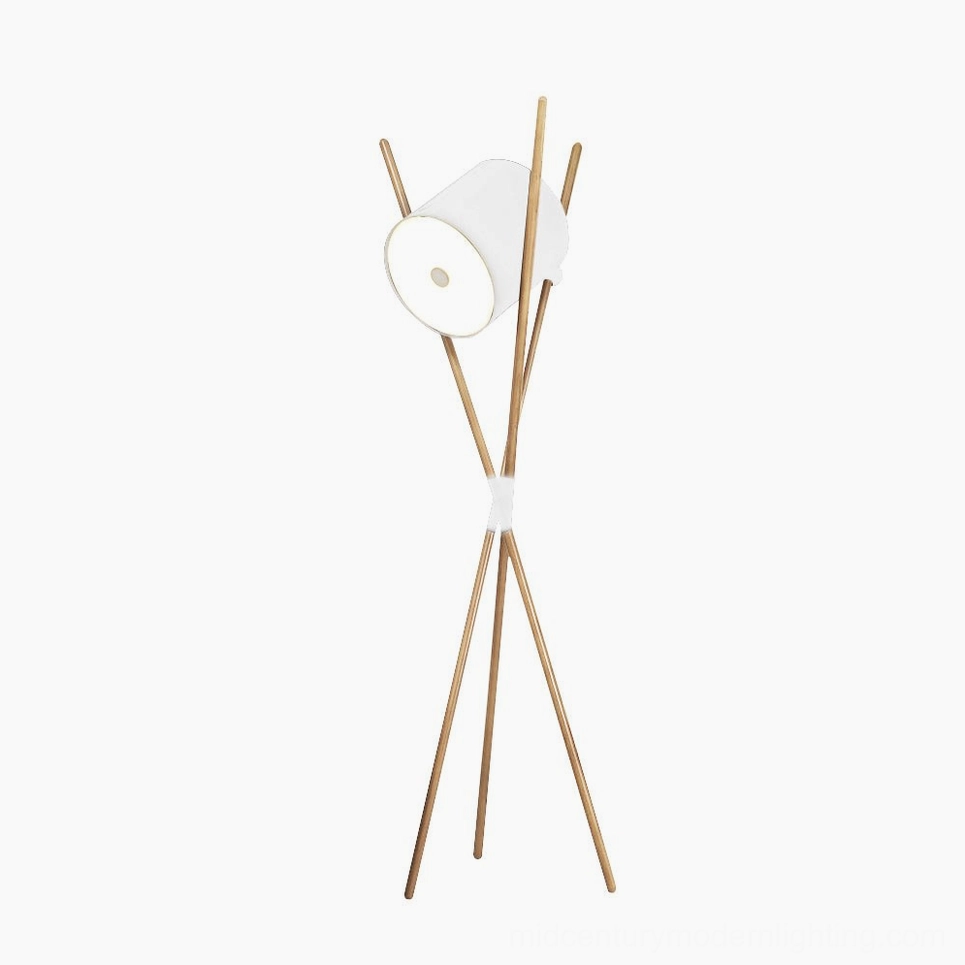 Shift tripod floor lamp with matte black shade and wood legs - architectural mid-century design