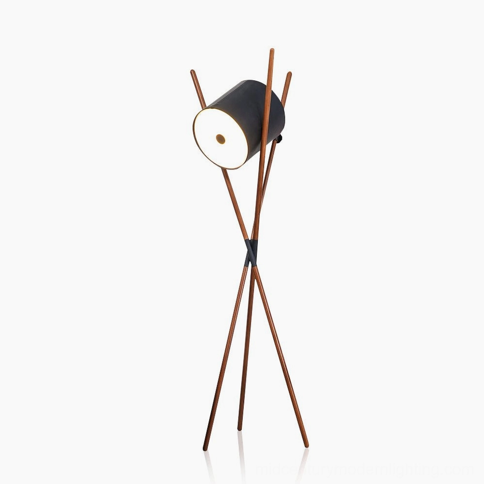 Shift mid-century modern tripod floor lamp with black drum shade and walnut wood legs - front view studio shot