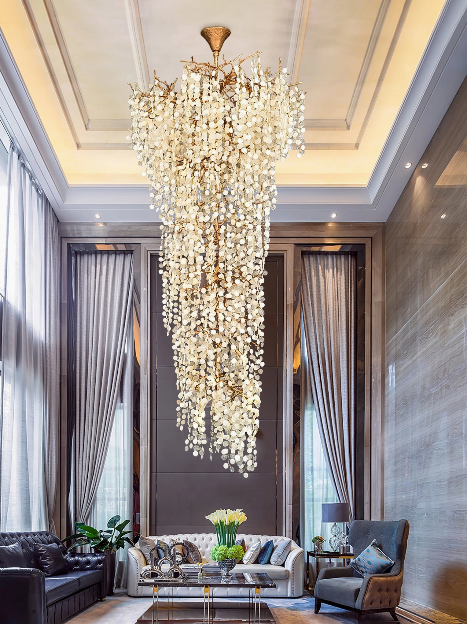 Shiro Noda cascading crystal chandelier dimensional perspective showing full drop and scale