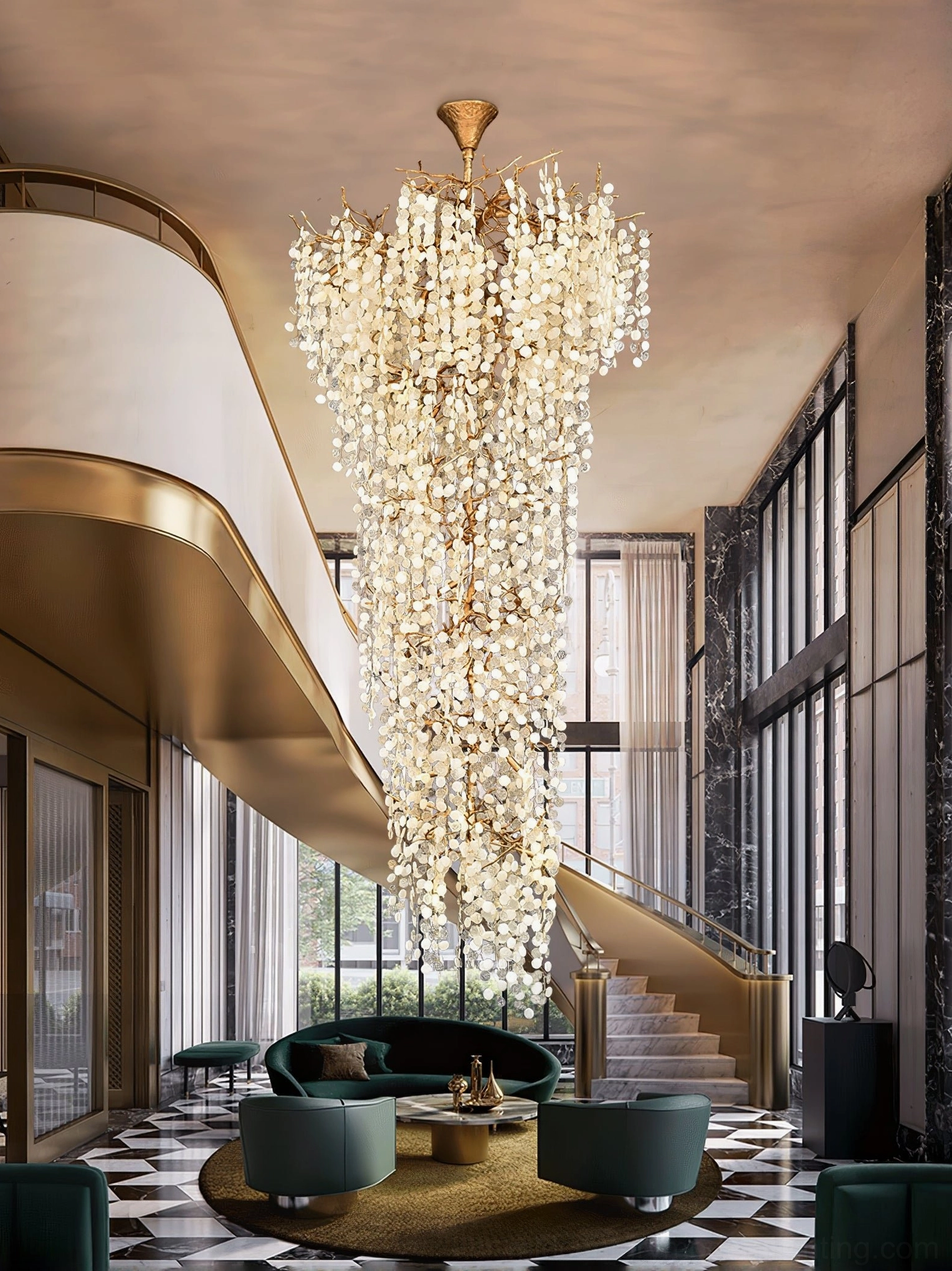Shiro Noda crystal cascade chandelier architectural overhead view ceiling installation perspective