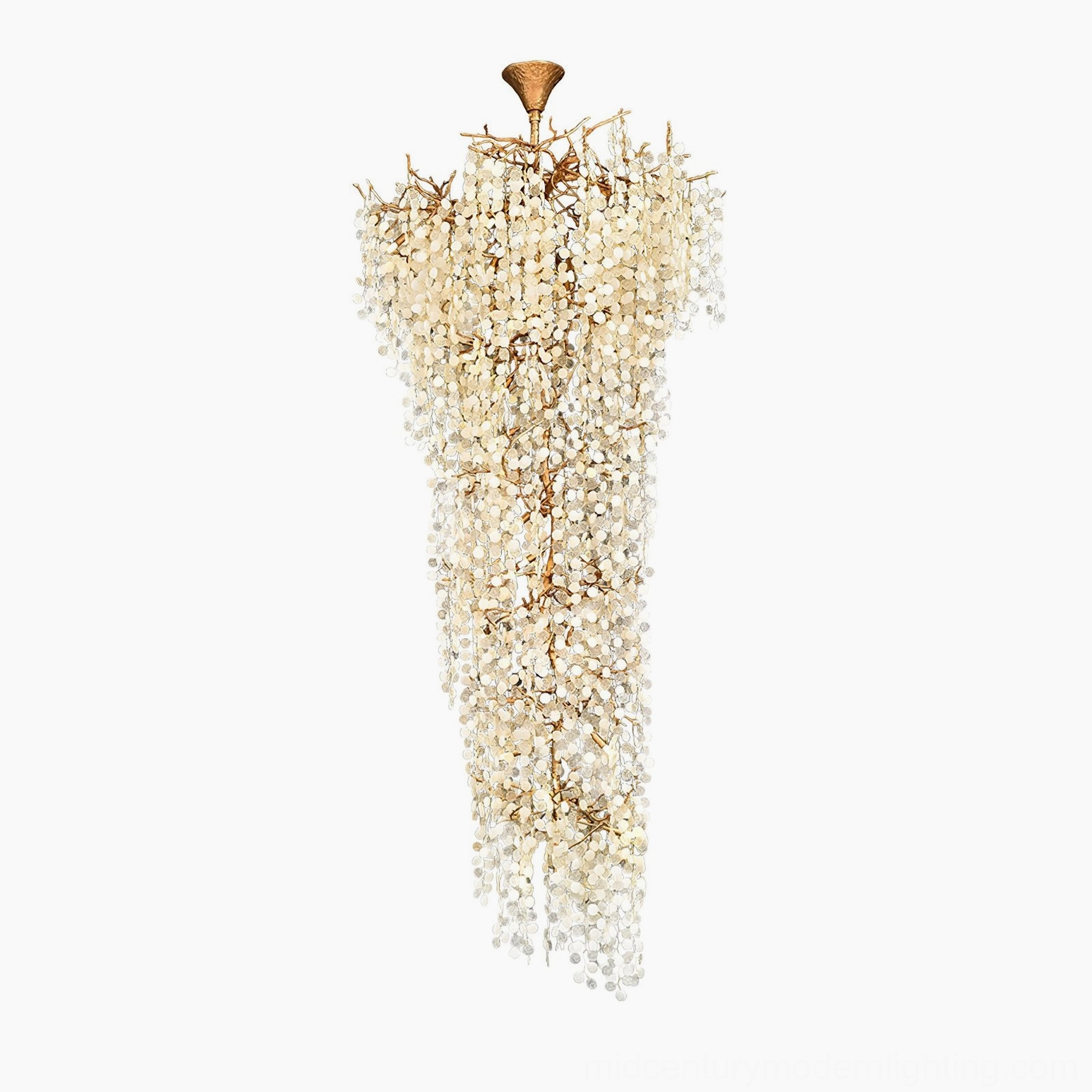 Shiro Noda crystal cascade chandelier front studio view with hand-formed brass frame and cascading crystal glass coins