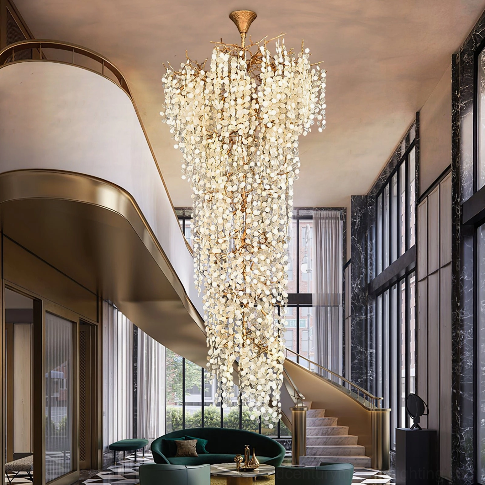 Shiro Noda crystal chandelier hanging above staircase in double-height duplex living room with balcony