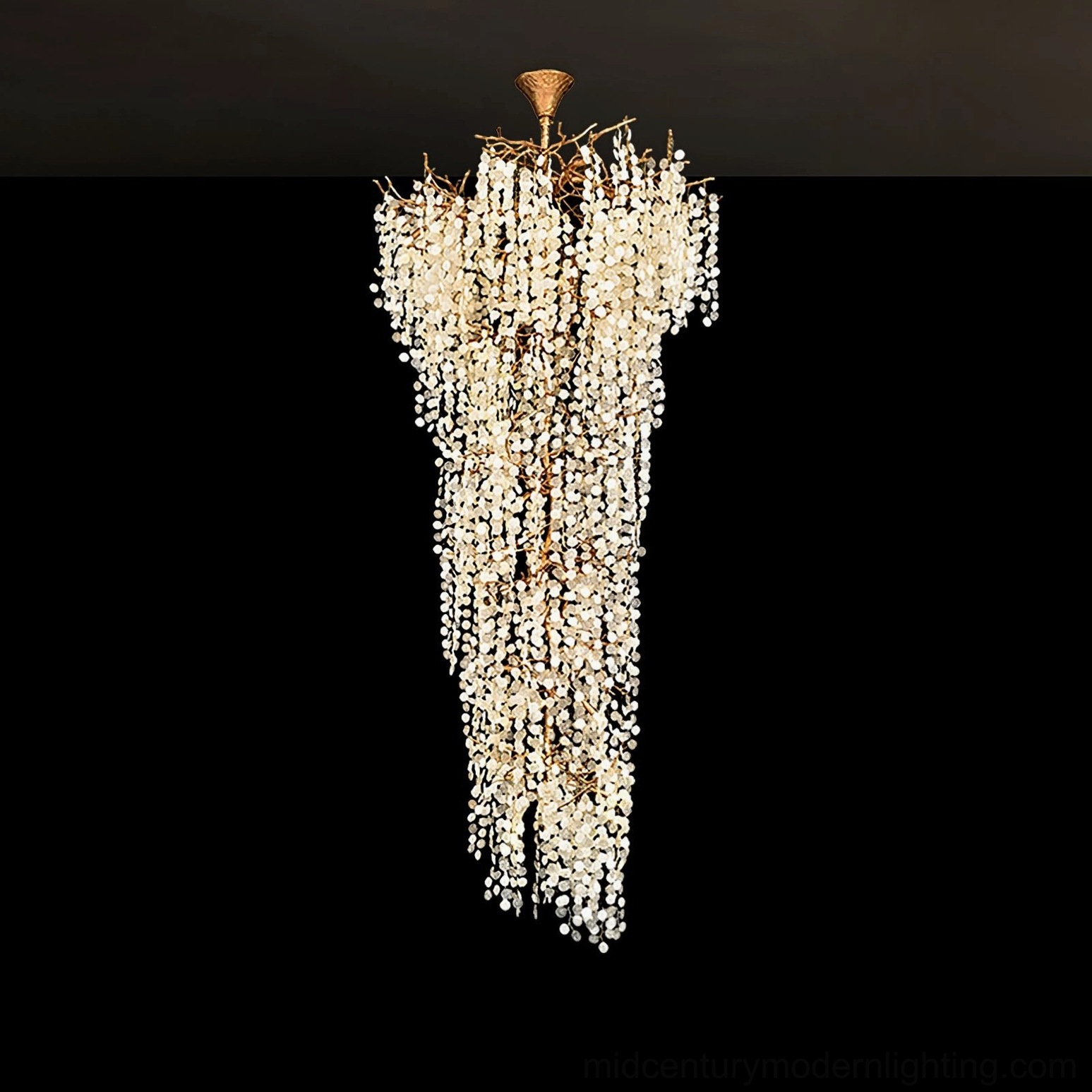 Shiro Noda narrow elongated crystal cascade chandelier slender profile studio dark background