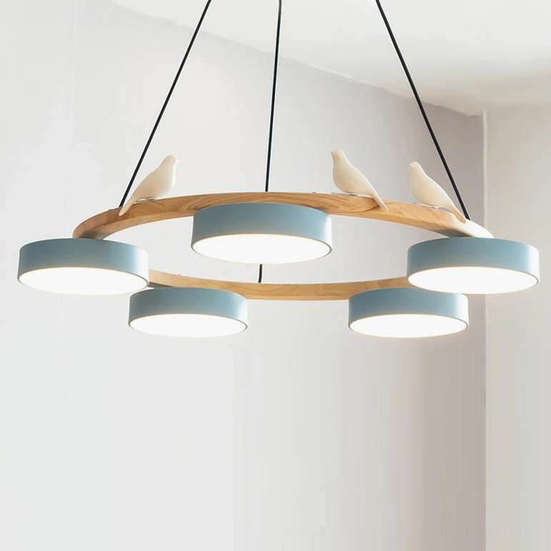 Sienna bird round pendant light blue finish variant with five blue frosted acrylic lamp heads and natural wood ring frame