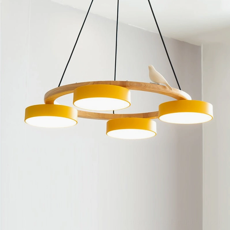 Sienna bird round pendant chandelier blue finish five-head configuration showing soft blue frosted acrylic diffusers