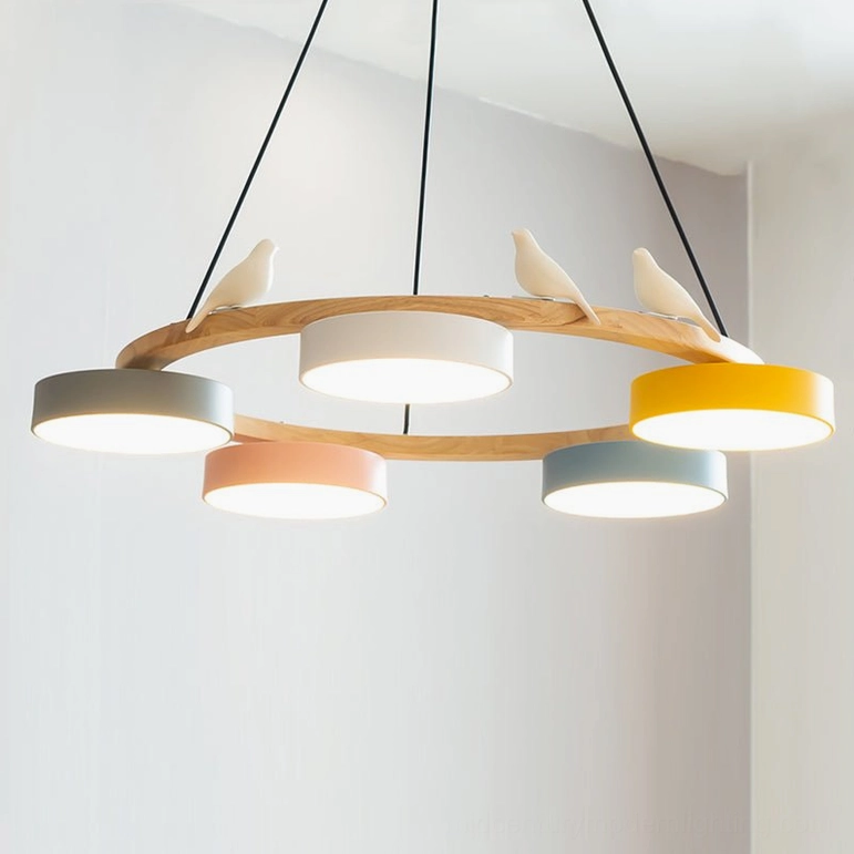 Sienna bird round pendant light colorful finish option with multicolor frosted acrylic lamp heads on natural wood frame