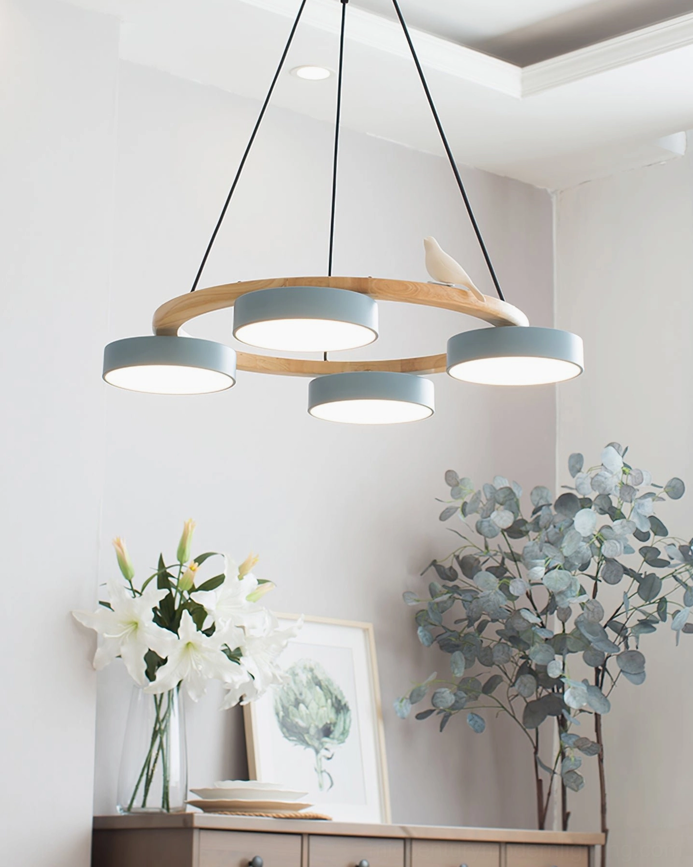 Sienna bird round pendant chandelier showing wood frame construction with metal brackets and adjustable suspension wire detail