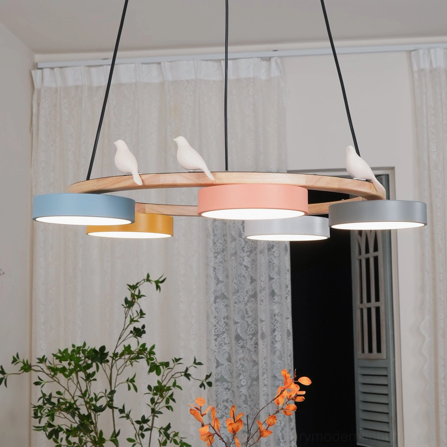 Sienna bird round pendant light multi-color finish variants displayed showing natural, white, blue, yellow, gray, and orange-pink wood tones
