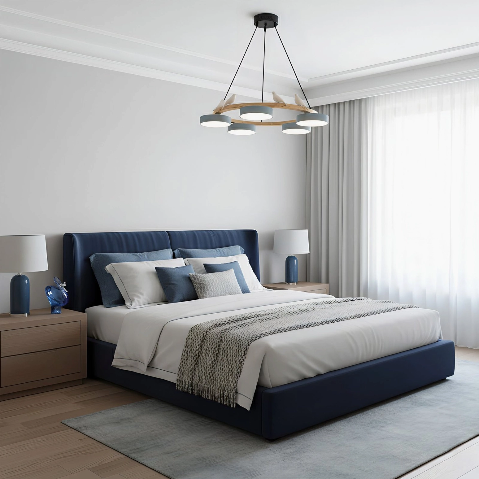 Five-head Sienna bird round pendant light showing expanded diameter on natural wood frame with frosted white acrylic lamp shades
