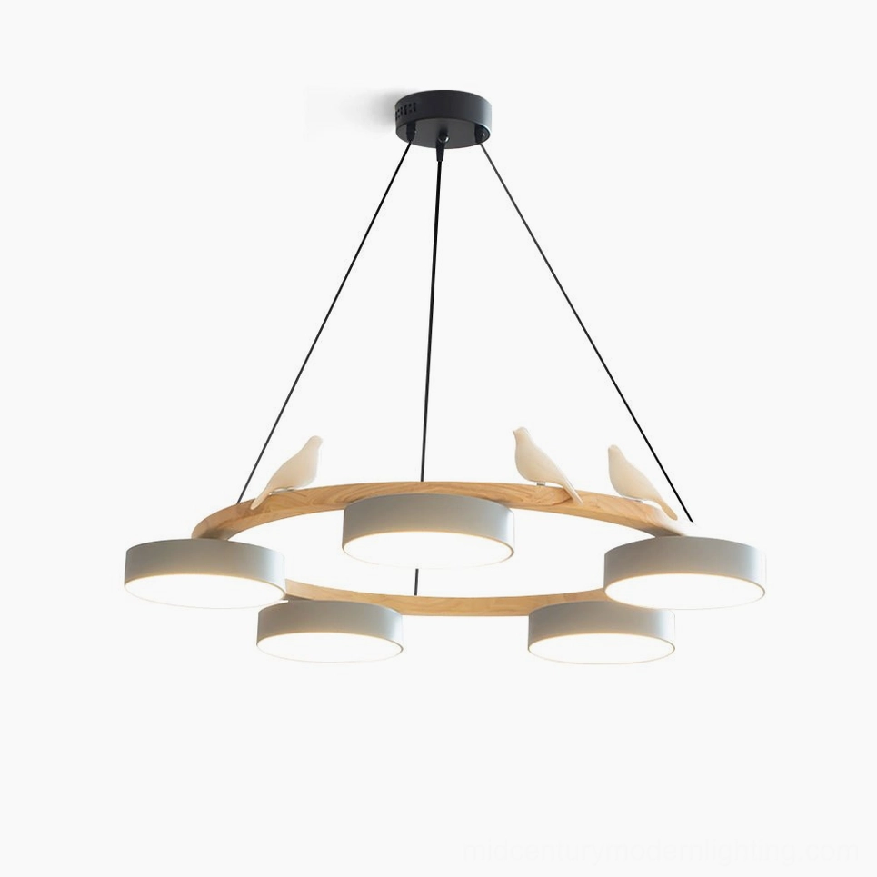 Sienna bird round pendant chandelier with five white lamp heads and ceramic bird ornaments on natural wood ring, overhead front view on white background