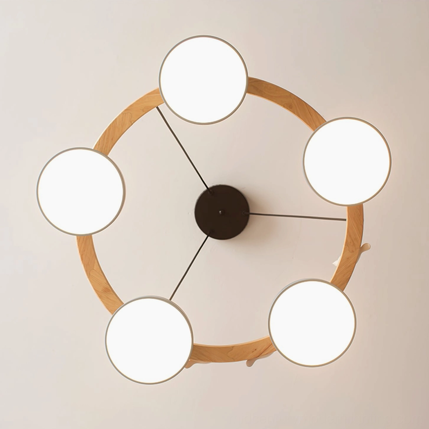 Sienna bird round chandelier five-head pendant light flat front view showing circular wood frame with five white frosted acrylic diffusers, Nordic minimalist design