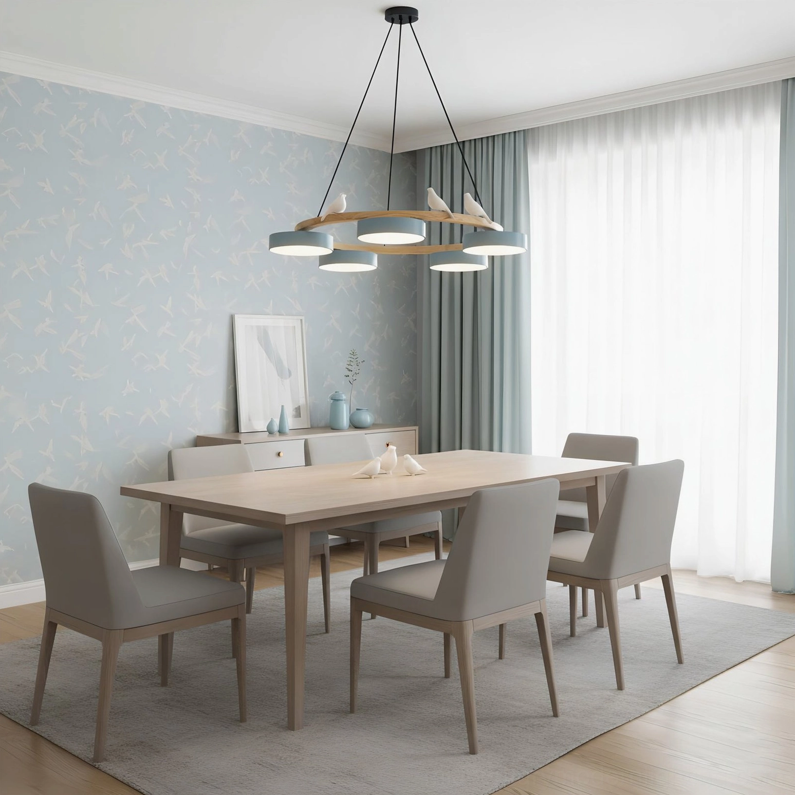 Four-head Sienna bird round pendant chandelier showing diameter and height proportions with natural wood frame and white acrylic diffusers