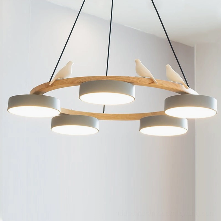 Sienna bird round pendant chandelier gray finish variant showing cool charcoal tone wood frame with white frosted diffusers