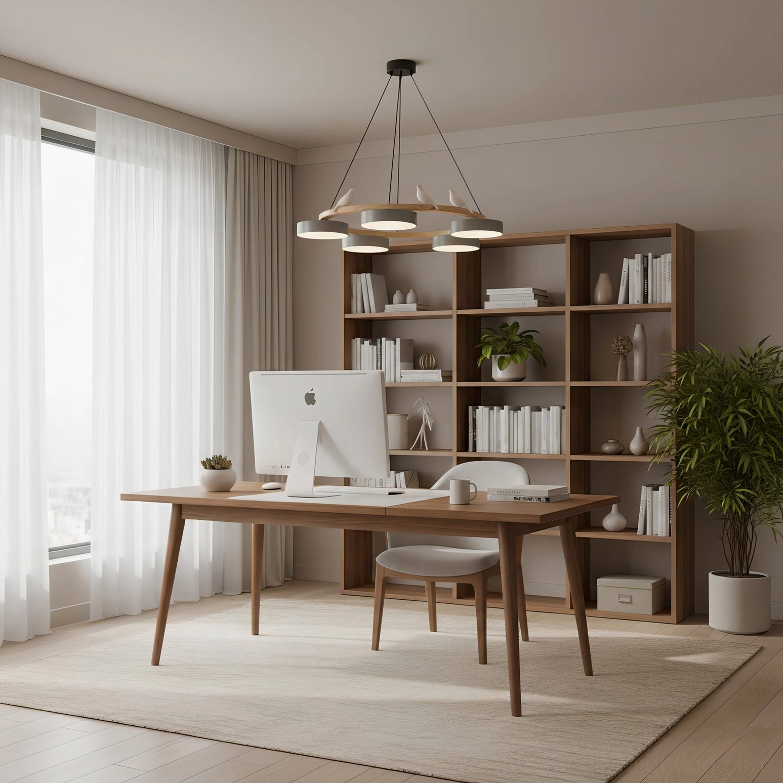 Sienna bird round pendant chandelier installation diagram showing suspension wire length, minimum ceiling clearance, and adjustable hanging hardware