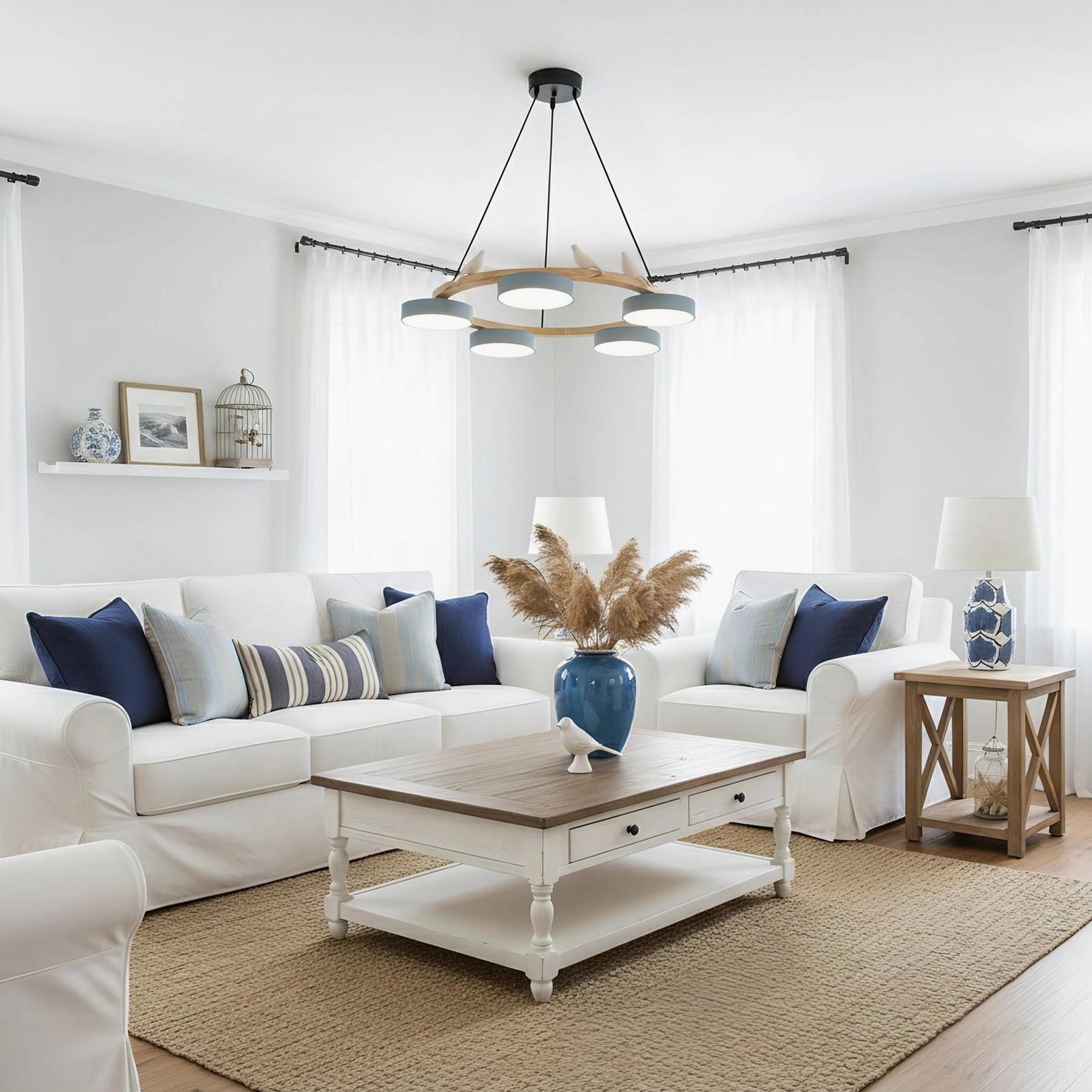 Sienna bird round pendant light suspended in cozy modern living room, white lamp shades diffuse warm inviting glow above contemporary seating