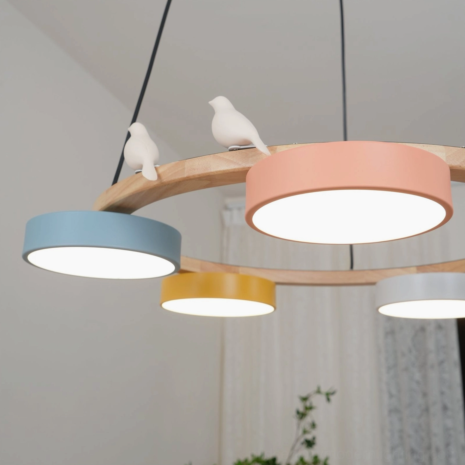 Sienna bird round pendant chandelier overhead view showing circular composition of five lamp heads and bird ornaments on wood ring