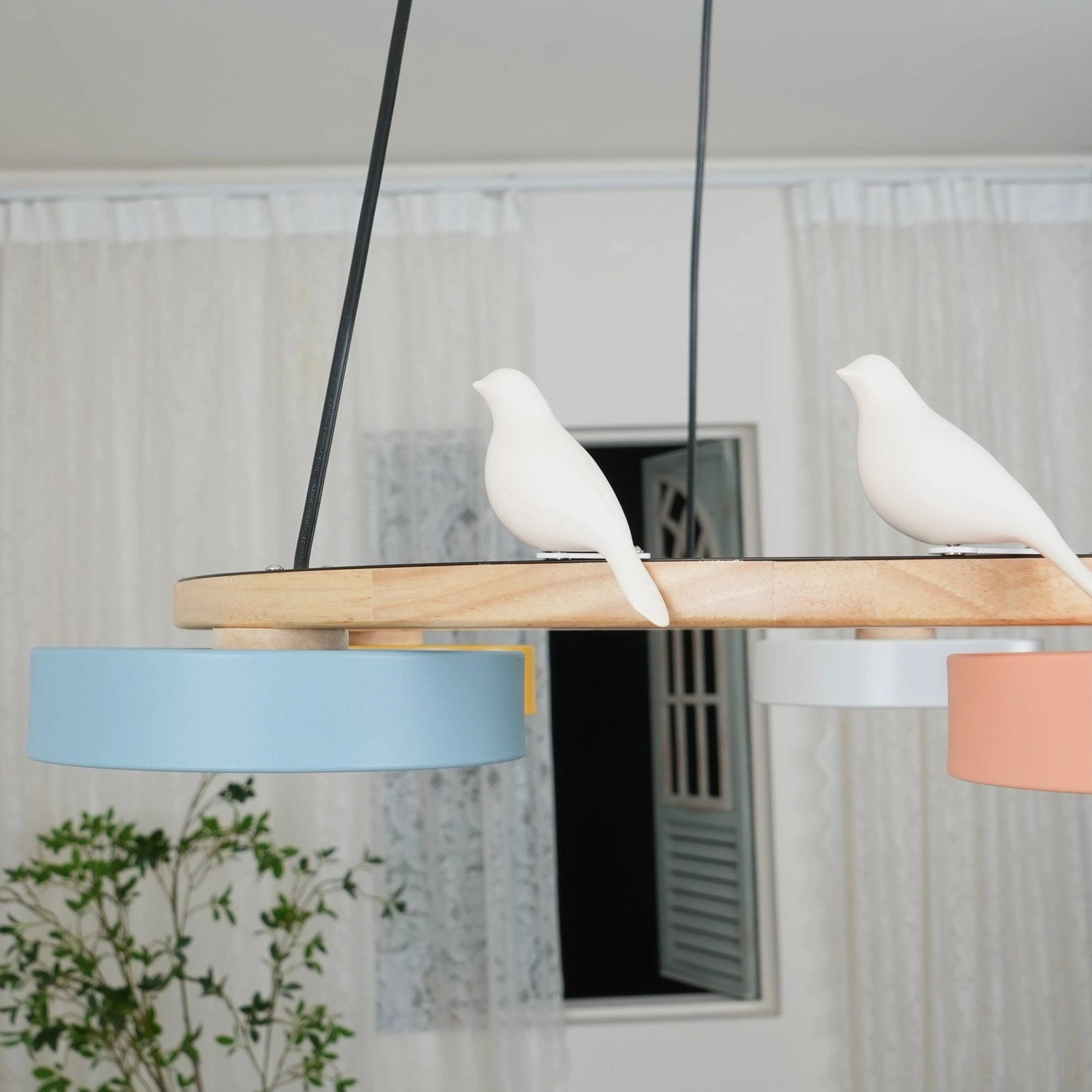Sienna bird round pendant chandelier suspension showing adjustable wire and ceiling mount hardware for standard or sloped ceilings