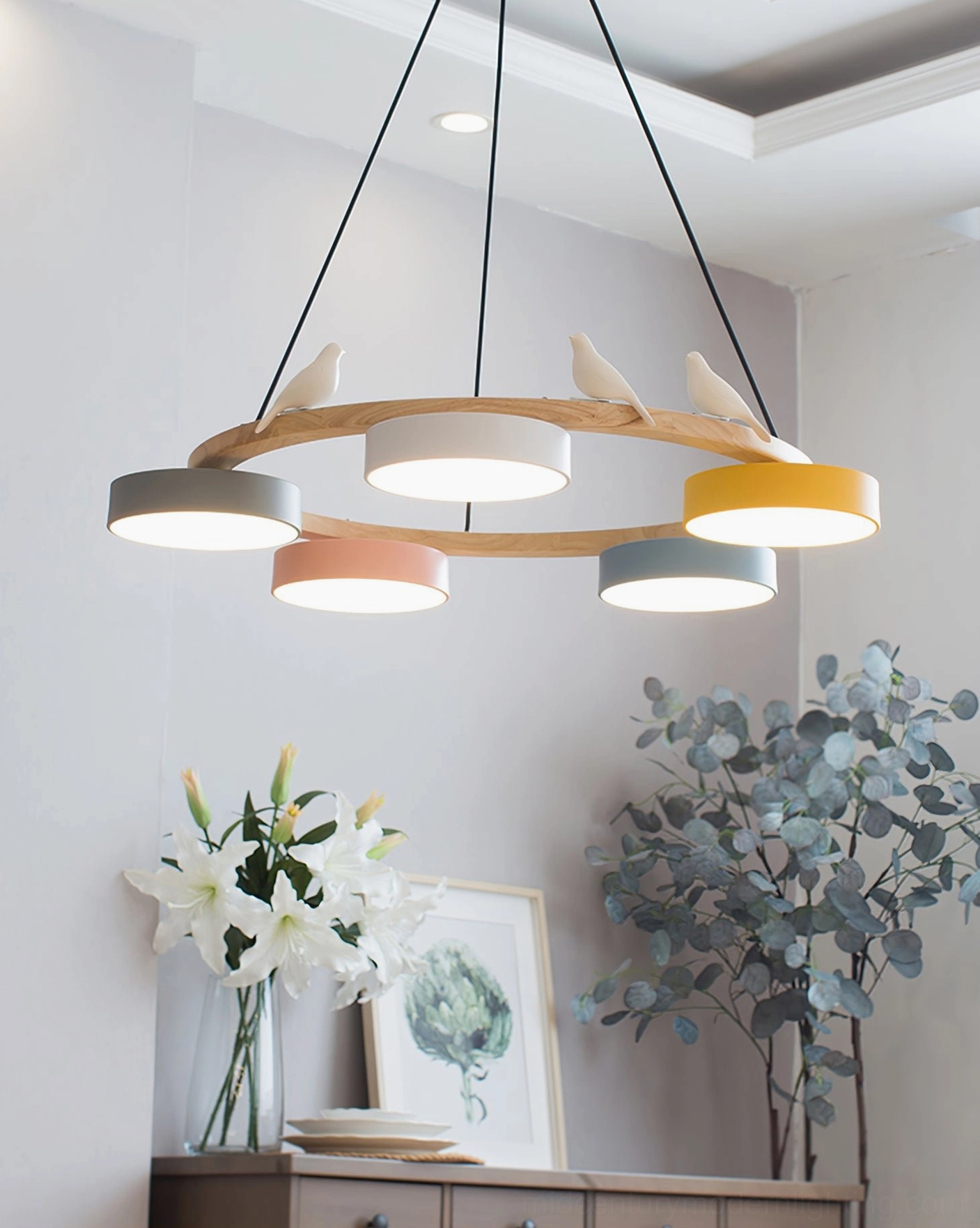 Sienna bird round pendant chandelier white finish variant showing natural wood grain structure and ceramic bird ornament details