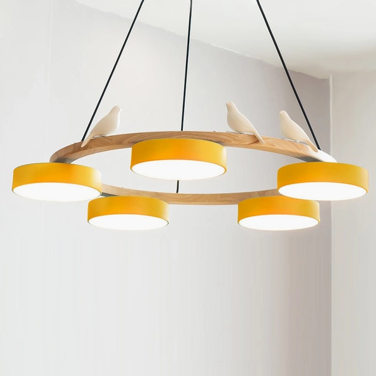 Sienna bird round pendant chandelier yellow finish option showing warm golden tone frame with five frosted yellow lamp heads