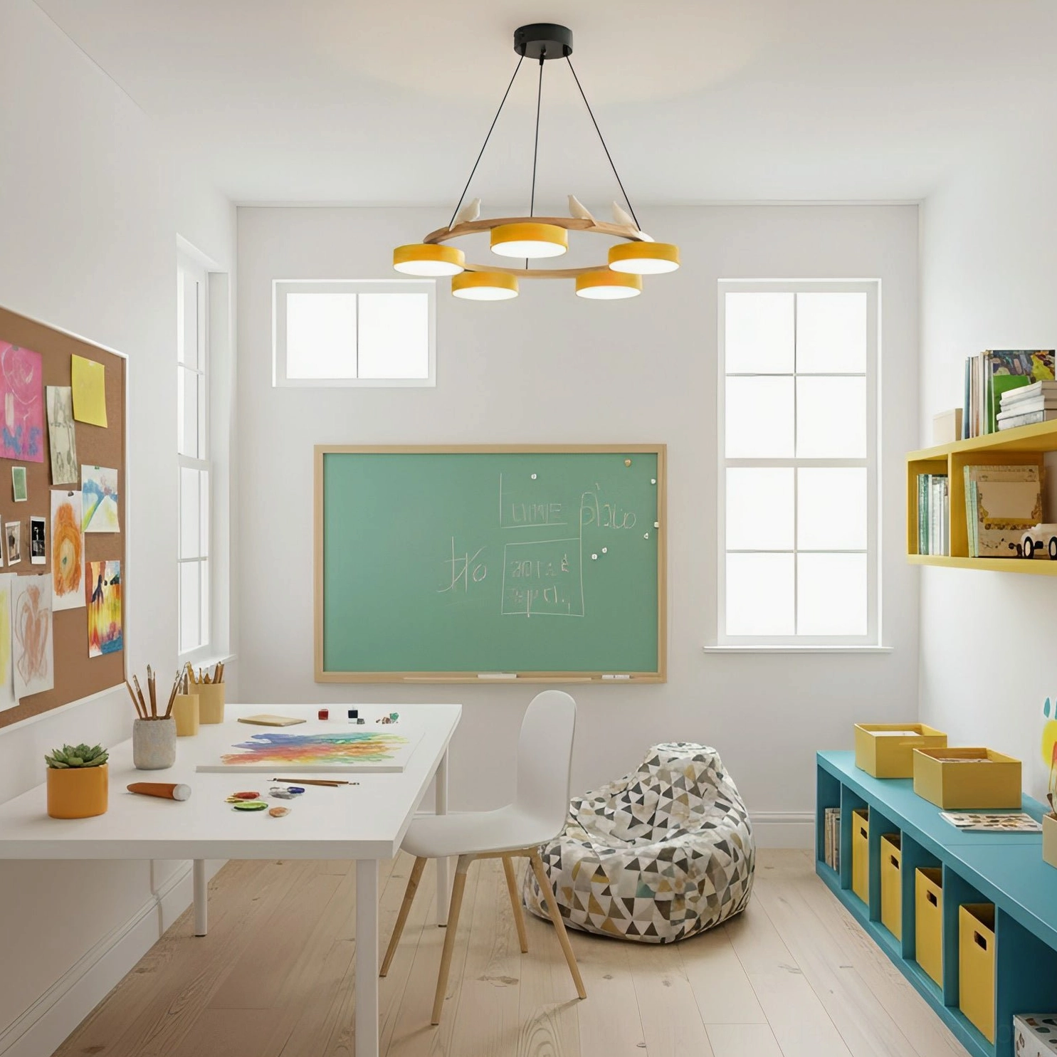 Sienna bird pendant chandelier with yellow frosted acrylic lamp heads in bright creative art and study room for children, playful Nordic design