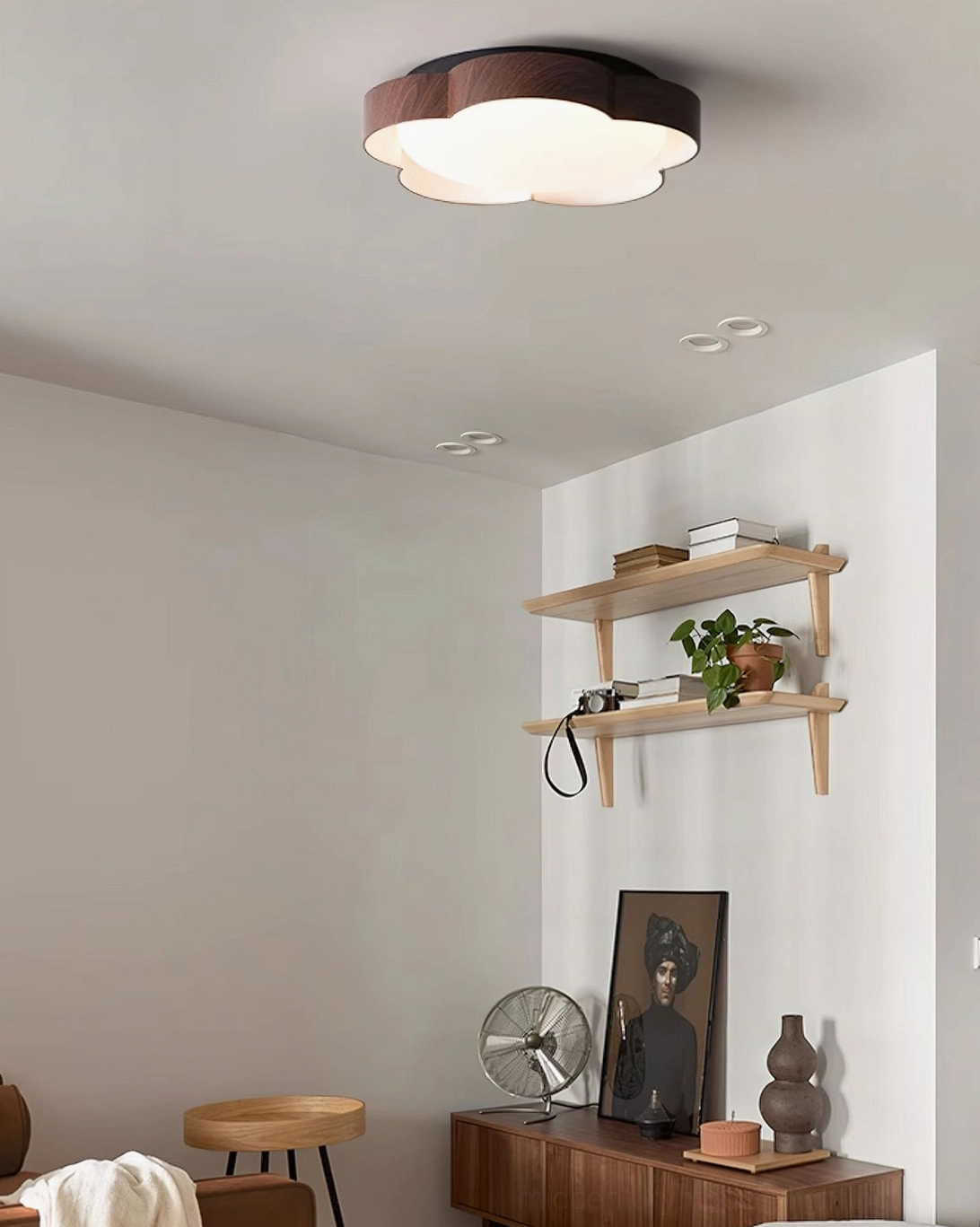Sika organic petal lamp in cozy neutral living room with walnut wood frame and warm minimalist interior