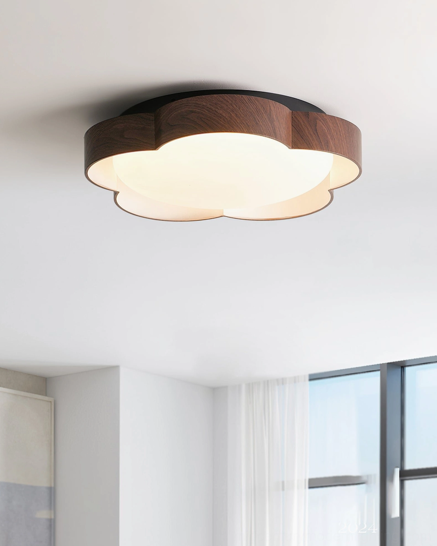 Sika ceiling light installed in modern minimalist living room with walnut wood frame and neutral home decor