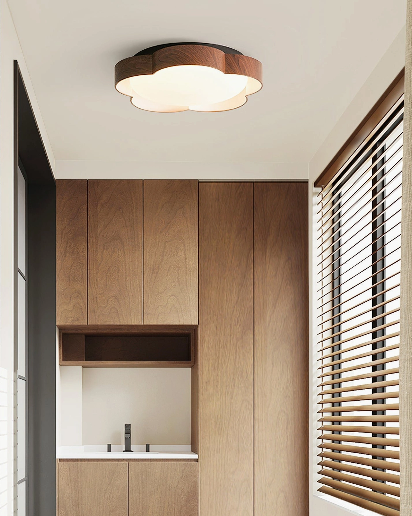 Sika petal ceiling lamp in mid-century modern kitchen nook with walnut frame and wooden cabinet decor