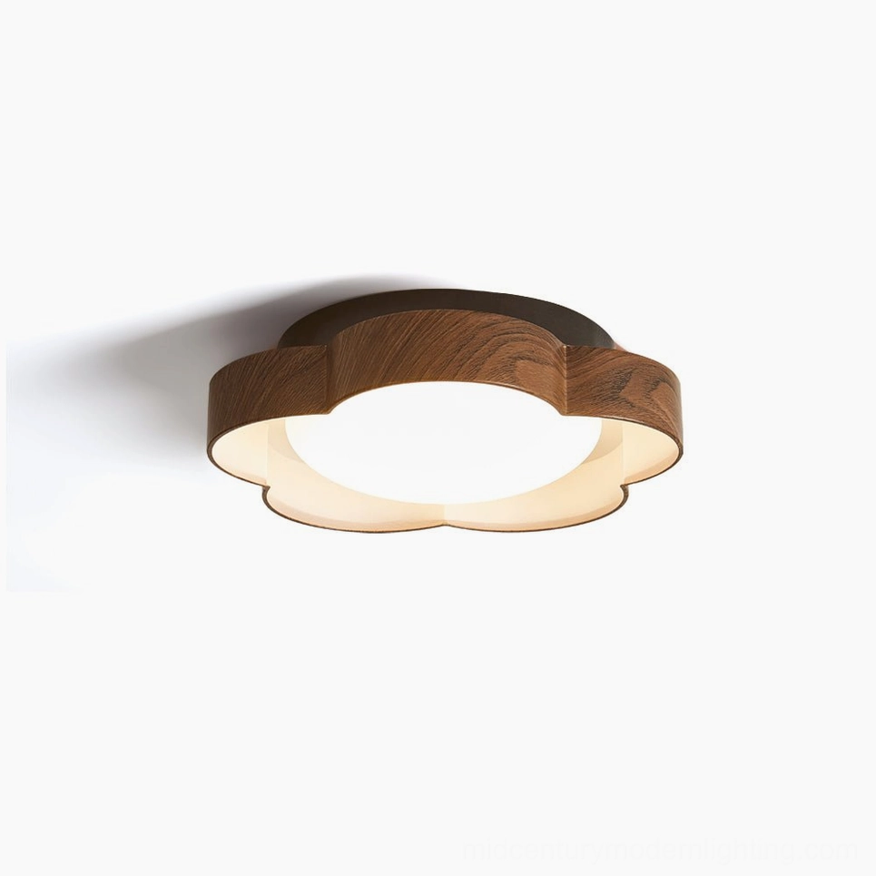Sika organic petal ceiling lamp with walnut wood frame and matte white diffuser, overhead view on studio white background