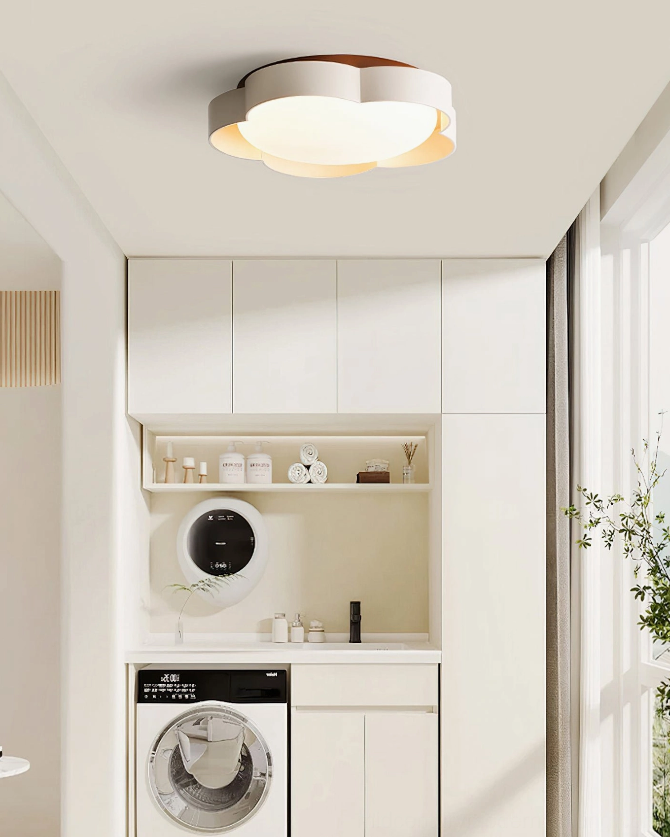 Two-tone Sika ceiling lamp with white and walnut wood finish in modern laundry room setting