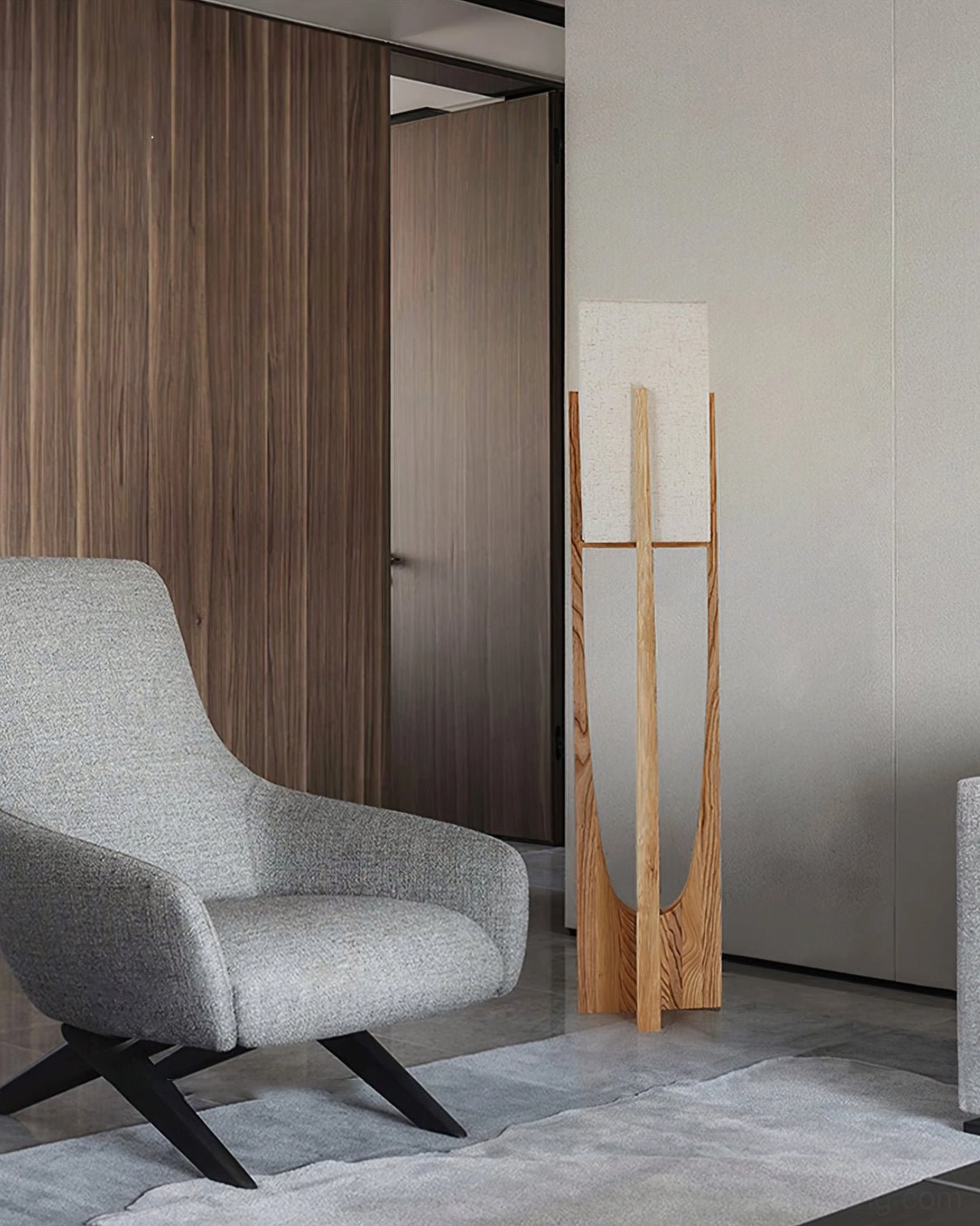 Minimalist floor lamp in modern apartment with grey accent chair and contemporary furnishings