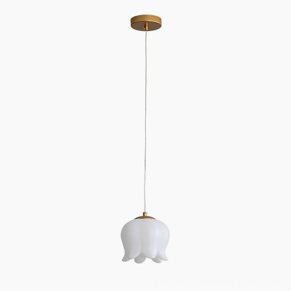 Single-head lily of the valley pendant in minimal gold and white design for entryway, bedroom, or accent lighting