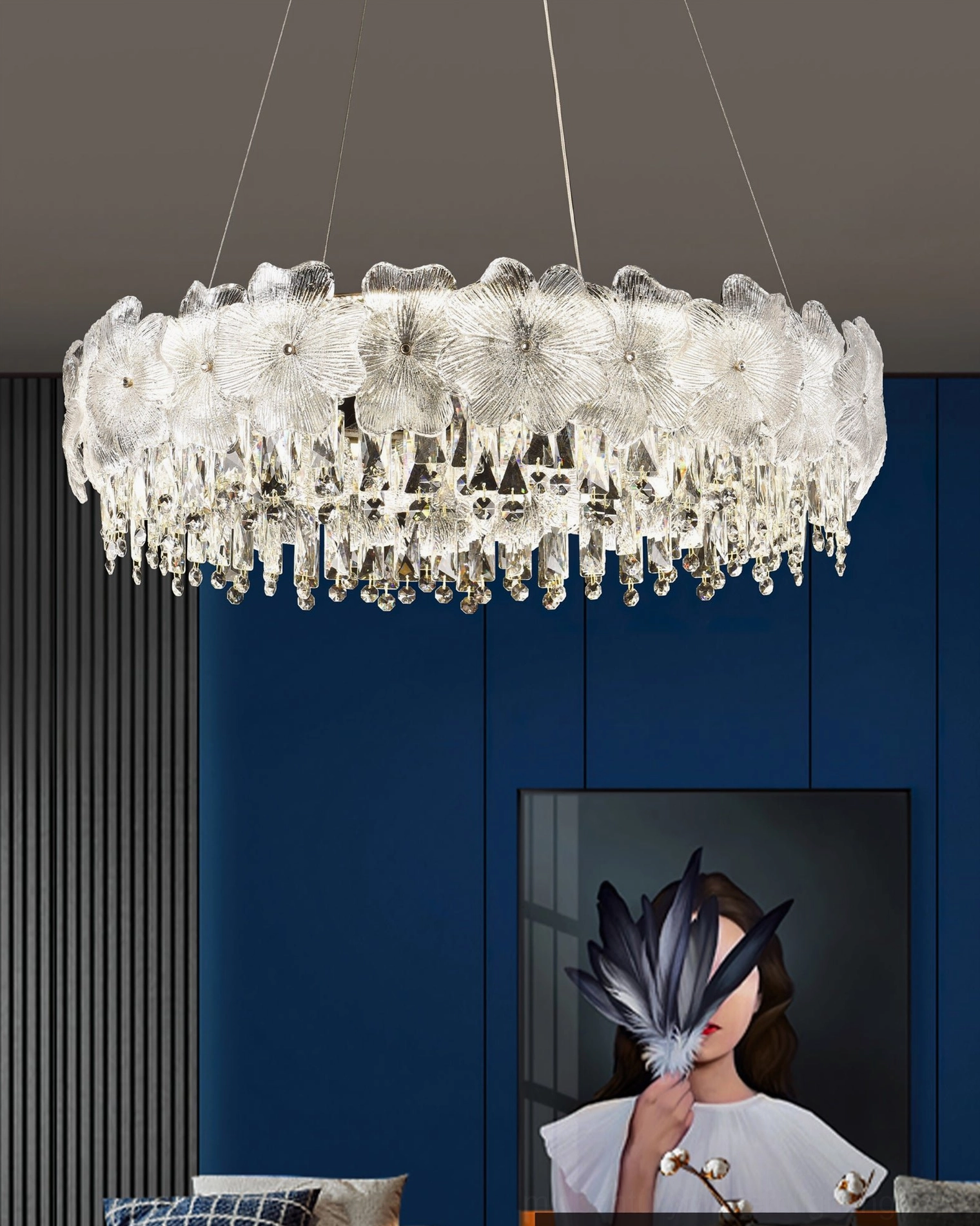Single-tier modern crystal chandelier with floral glass frame and hanging crystal pendants in artistic contemporary space
