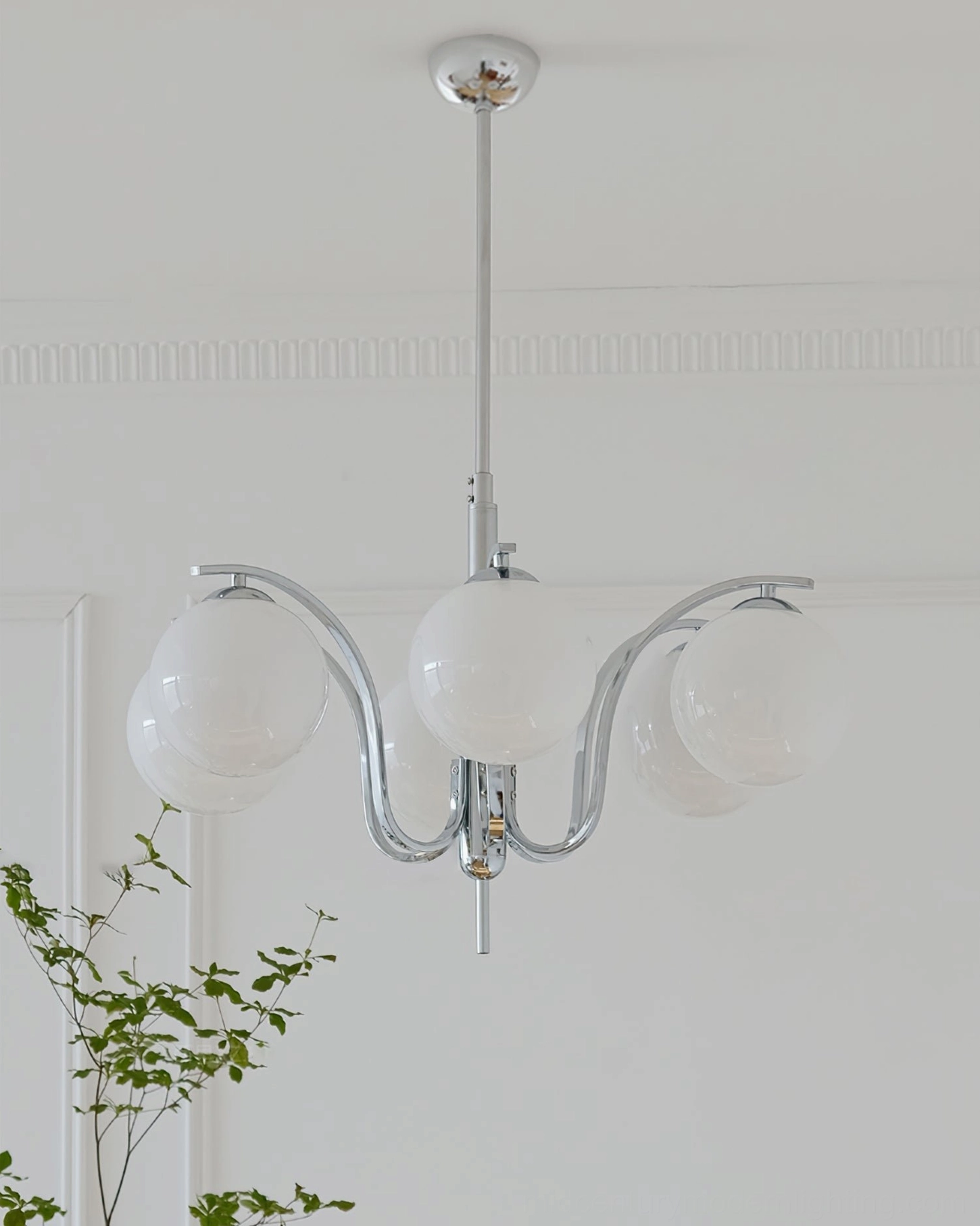 6-head frosted white glass globe chandelier with curved chrome arms and soft diffusion in modern interior