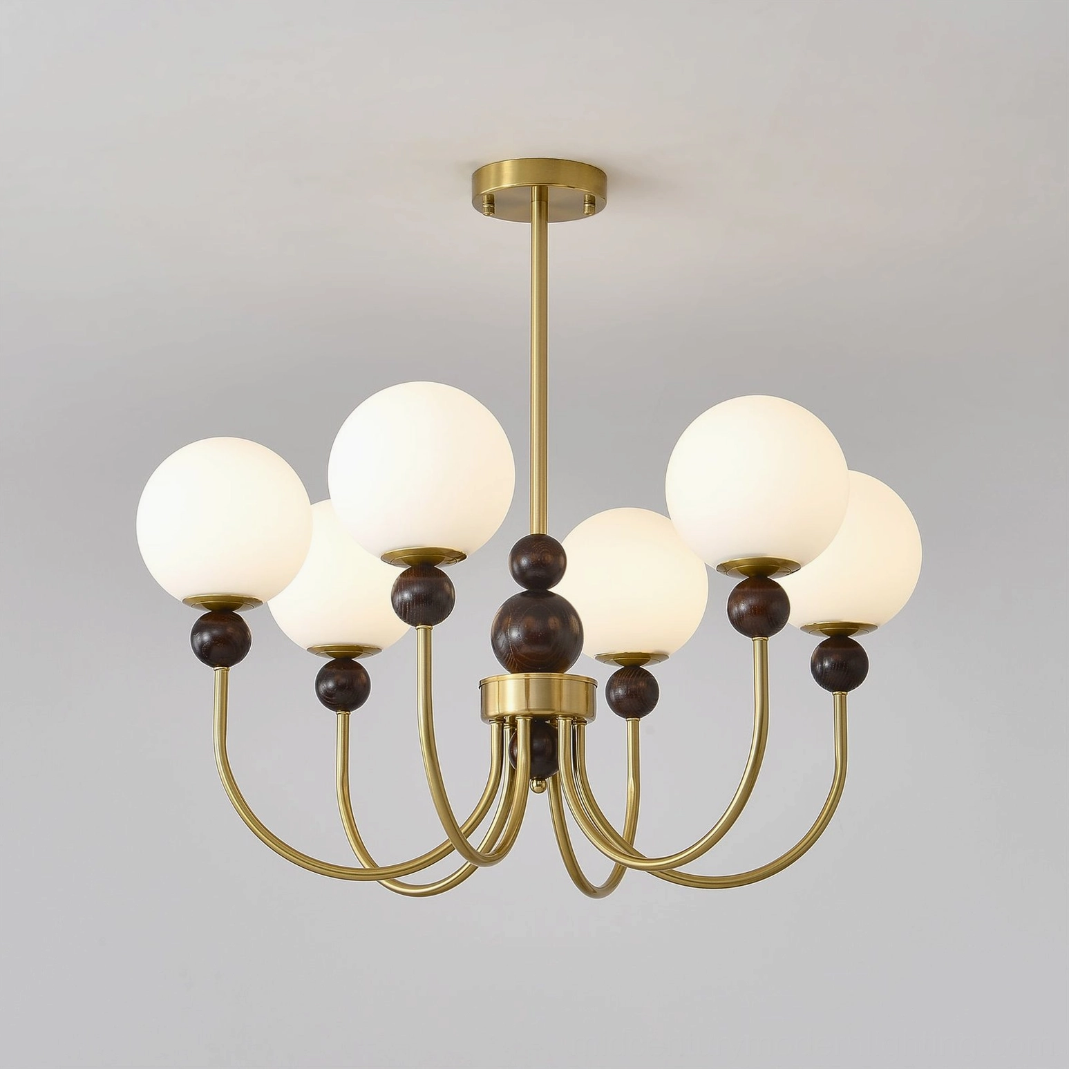 6-head modern glass chandelier with gold and walnut metal finish, elegant design
