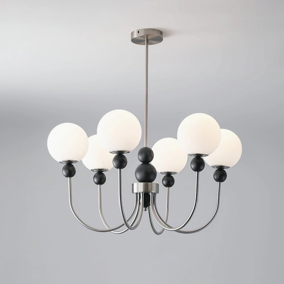 6-head contemporary glass pendant chandelier sand nickel and black, overhead view