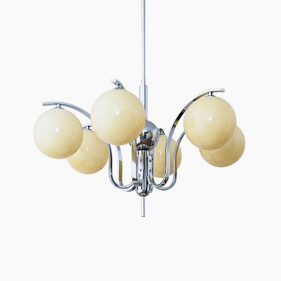 6-head glass globe chandelier with creamy beige shades and polished chrome arms detail