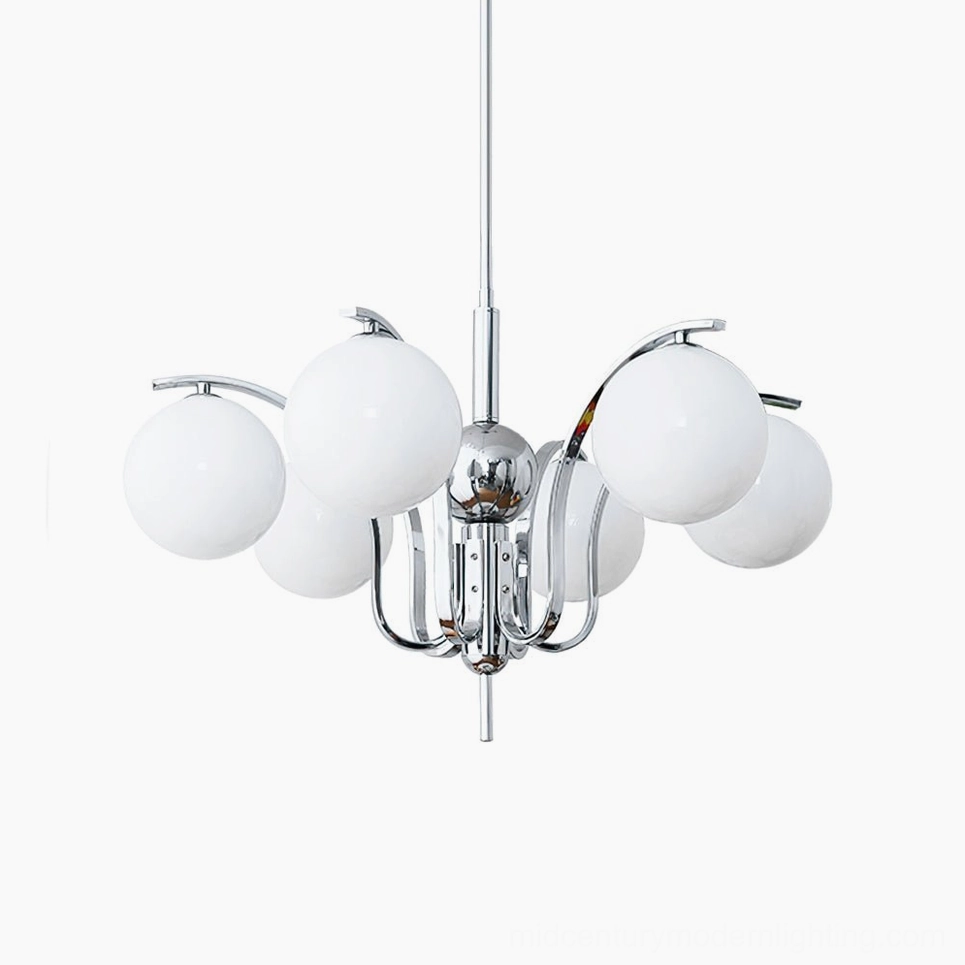 6-head glass globe chandelier with frosted white spheres and sleek chrome suspension hardware