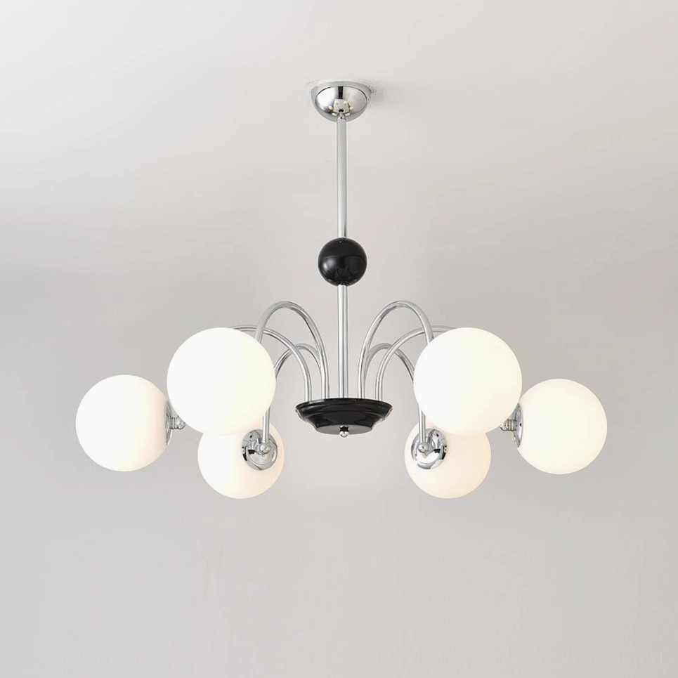 Six-head globe chandelier with chrome-black frame and frosted white glass globes