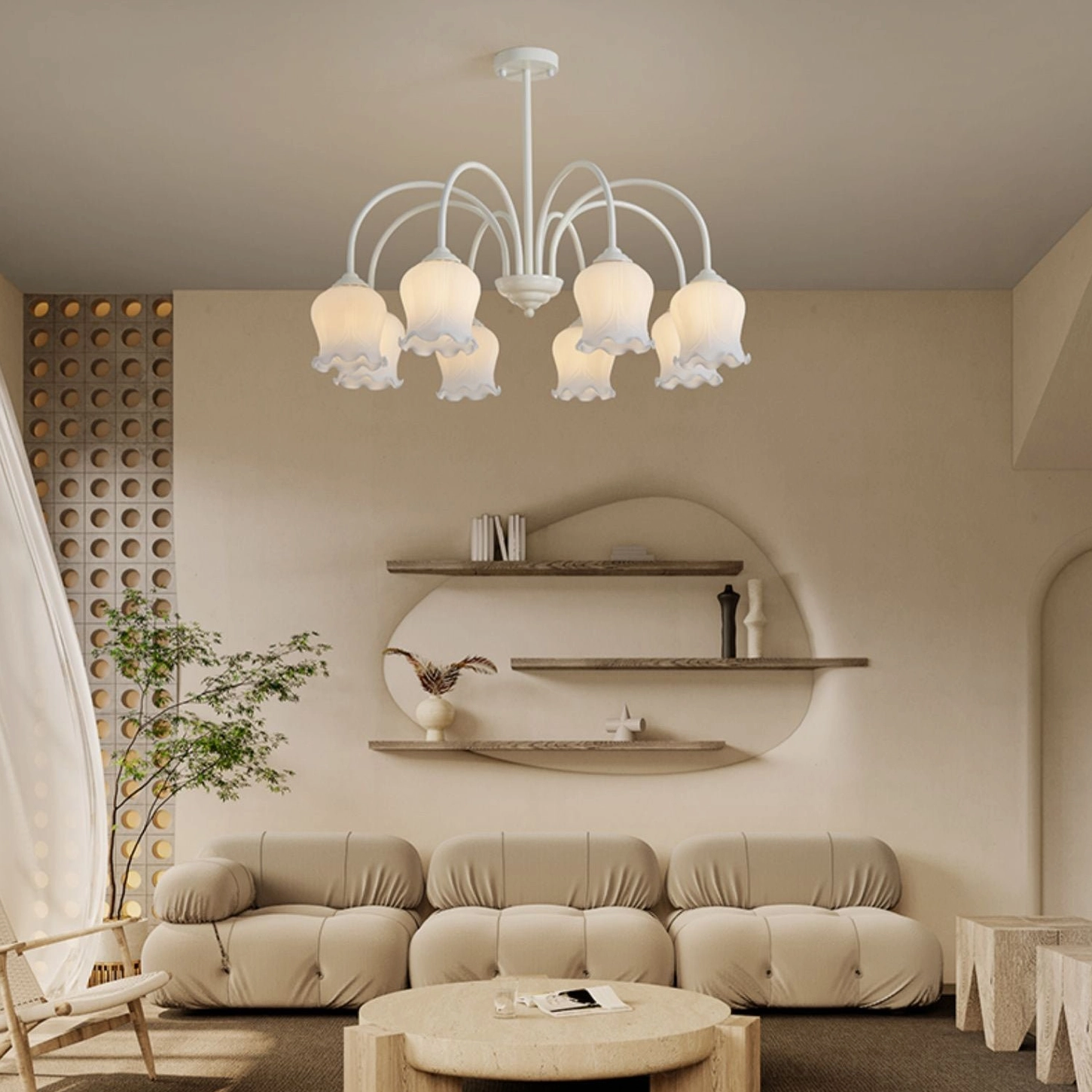 Six-head lily chandelier displayed in modern minimalist living room with cream walls and contemporary furniture