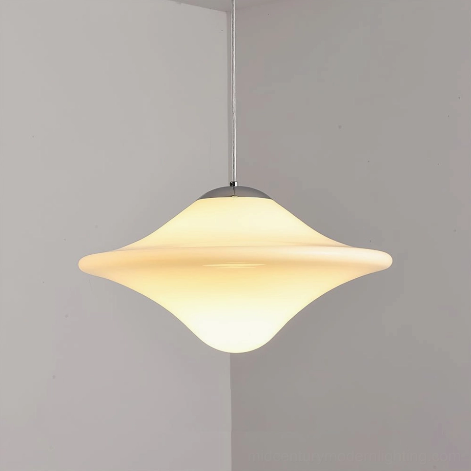 Single illuminated pendant lamp with twisted disc shade and warm soft light diffusion, studio product shot