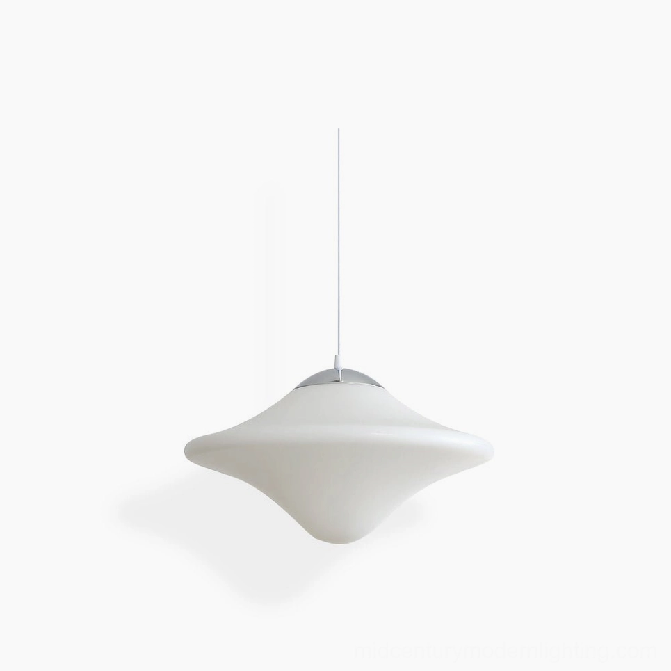 Skye Flyer mid-century modern pendant lamp with twisted opaline disc shade and polished chrome hardware, side front view